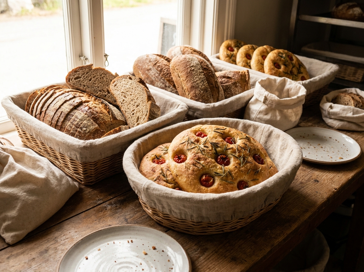 Banco di panificio con pane affettato, focaccia e cestini