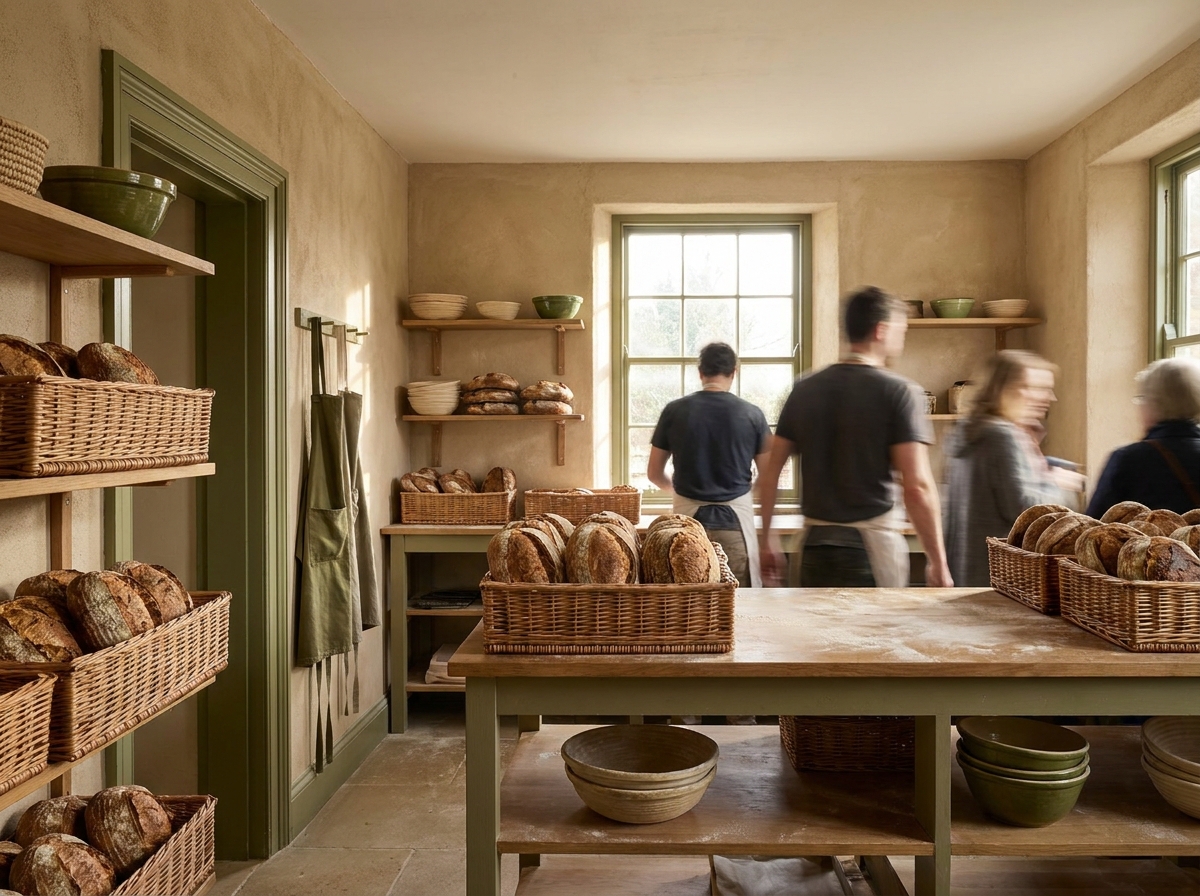Interno caldo di panificio artigianale con cestini di pane