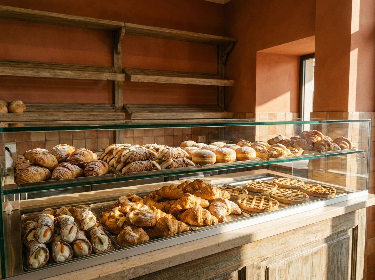 Cornetti e dolci da colazione in vetrina di panificio